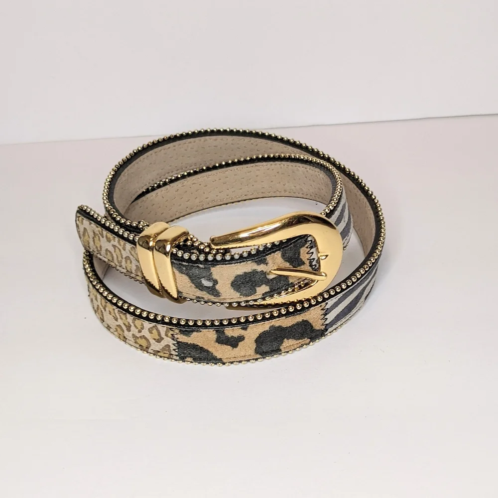 Amiee Lynn Leopard Print Leather Gold Stud/Buckle Belt M
